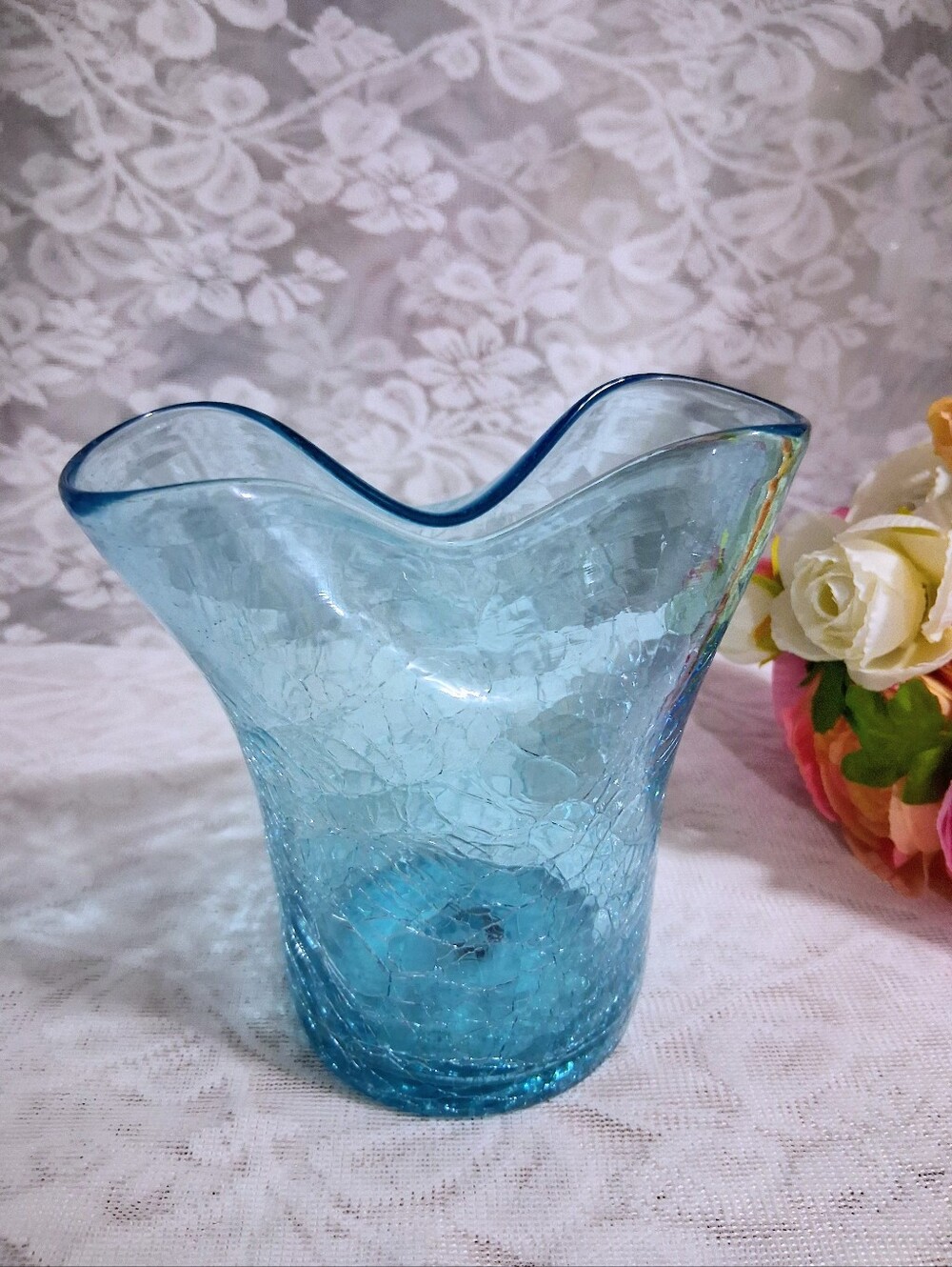 Vintage Mid-century 1950s Bischoff Crackle Glass Pinch Vase w/ Iron Pontil Mark